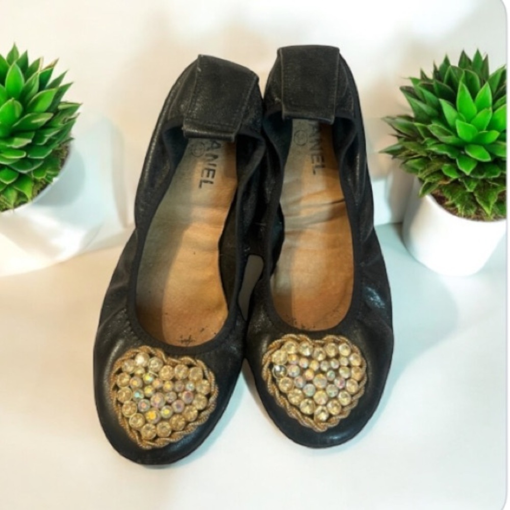 Chanel Black/Gold Leather Camellia Sz 39 EUR 9 US Beaded Scrunch Ballet Flat
